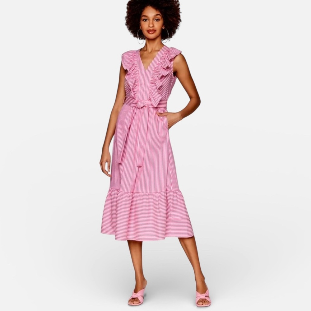 Silvian Heach pink stripe ruffle stripe midi dress